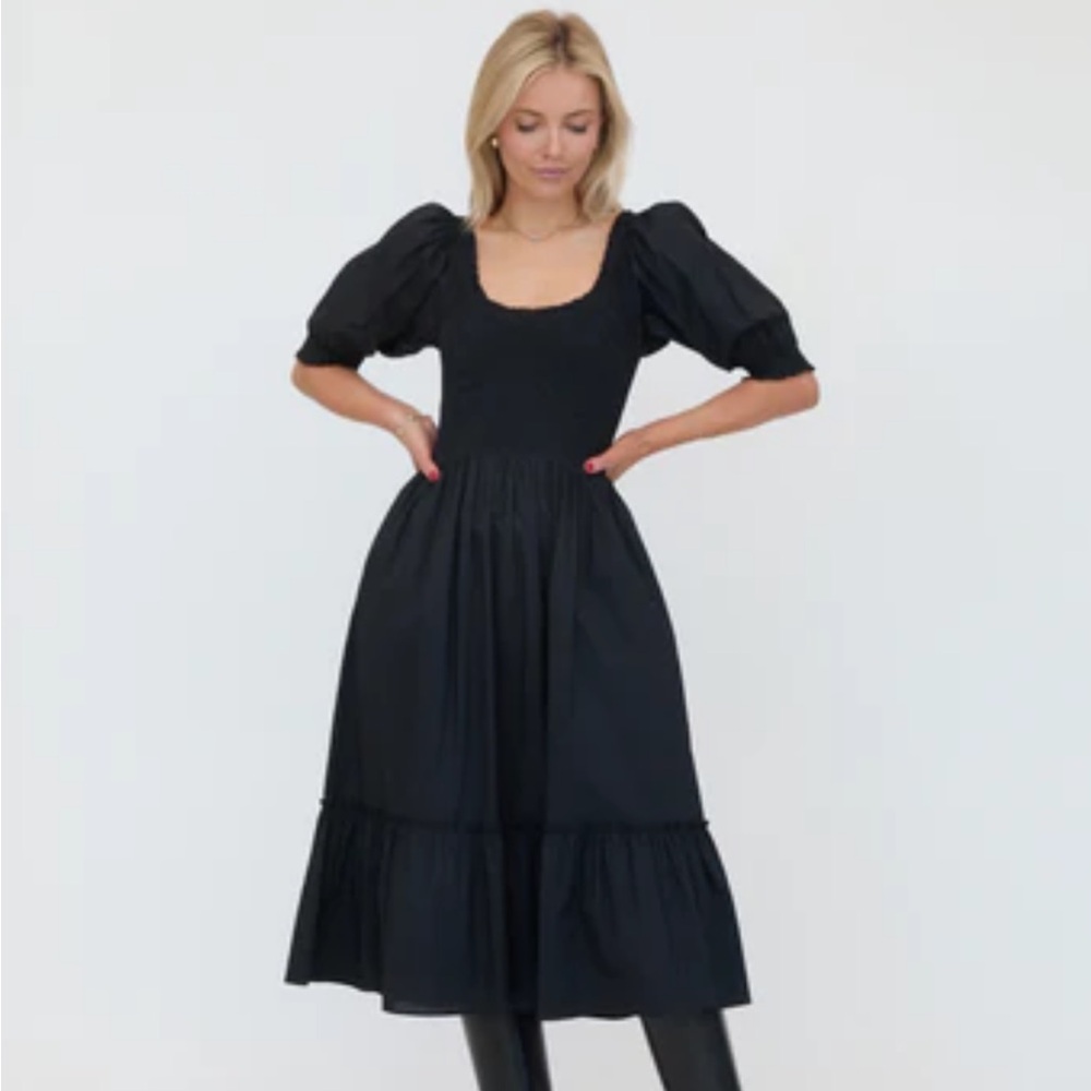 Hill House Louisa nap dress Black cotton Smocked Puff Sleeve Midi Dress